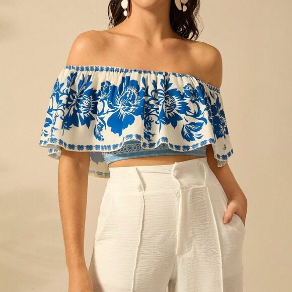 Multicolor Boho Women's Summer Flower Printed Flounce Off-Shoulder Crop Top - Picture 3 of 7